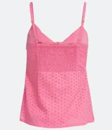 Blusa musculosa de color rosado confeccionada en tejido laise de algodón. Presenta un escote en V con un lazo decorativo en el frente, tirantes finos y detalle de lastex en la espalda para un mejor ajuste.