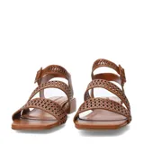 Sandalias de cuero negro Bottero, con tiras delanteras múltiples y tira en el tobillo con hebilla, todas con diseño calado. Presentan taco bajo cuadrado y puntera cuadrada.