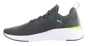 Championes deportivos Puma Erupter, color gris con detalles en amarillo lima y suela blanca. Presentan un diseño de malla transpirable con refuerzos laterales y cierre de cordones.