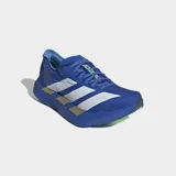 Championes de running Adidas Adizero Adios Pro 4, color azul con detalles en blanco y dorado. Diseñados para competición, cuentan con tecnología Lightstrike Pro en la entresuela, Energyrods 2.0 con infusión de carbono y suela de caucho Continental con Lighttraxion para mayor agarre y ligereza.