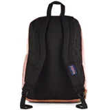 Mochila Jansport Cool Student color rosa con base y detalles en marrón. Tiene dos compartimentos principales, funda interna para laptop de 15 pulgadas, bolsillo lateral para botella, bolsillo frontal con organizador y clip para llaves, panel trasero acolchado, correas ergonómicas y asa superior.