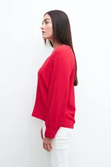 Blusa roja con textura de lunares, escote en V y mangas largas abullonadas.