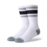Medias Stance Boyd color crema con rayas horizontales negras y azules en la parte superior y puntera negra.
