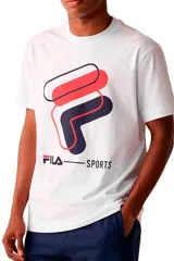 Remera Fila de hombre de manga corta y cuello redondo, color blanco, con gran estampado frontal del logo de la marca y la inscripción "FILA SPORTS".