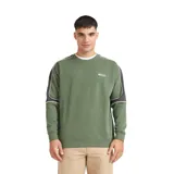 Buzo de cuello redondo Quiksilver modelo Saturn, color verde oliva con paneles laterales en gris oscuro y detalles de líneas blancas. Presenta logo bordado en el pecho y puños acanalados.