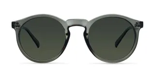 Lentes de sol unisex con montura redonda color verde oscuro y lentes polarizadas color verde oscuro.