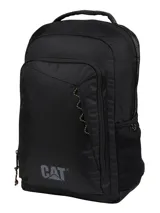 Mochila Caterpillar de diseño funcional, color negro, confeccionada en poliéster ripstop reciclado. Cuenta con un compartimento principal amplio con bolsillo interior, bolsillo frontal con cierre y panel organizador, bolsillos laterales de malla y detalles reflectantes.