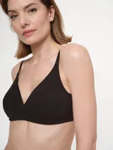 Sostén tipo bralette negro, sin aros ni relleno, con tirantes finos ajustables.
