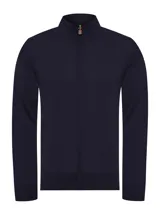 Cardigan de punto color azul navy, con cuello alto, cierre frontal completo con tirador de cuero y manga larga.