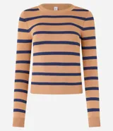 Blusa de punto de viscosa con diseño de rayas horizontales en color marrón y azul marino, cuello redondo, manga larga y puños y bajo acanalados.