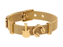 Pulsera dorada de acero con malla metálica, cierre de hebilla ajustable y dos dijes colgantes: una guitarra y unos auriculares.