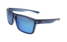 Lentes de sol unisex con montura cuadrada azul y lentes espejados azules polarizados.