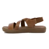 Sandalia de cuero marrón para mujer, con tiras cruzadas y elásticas, suela plana sintética y tira trasera con ajuste elástico.