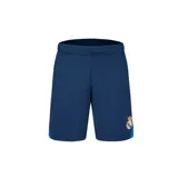 Short de fútbol azul marino con detalles en azul eléctrico y escudo del Real Madrid bordado en la pierna derecha.
