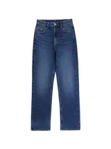 Jeans de tiro alto y corte recto, con diseño clásico de cinco bolsillos, cierre de cremallera y botón metálico.
