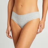 Culotte de algodón gris melange, corte clásico, con borde de encaje festoneado en cintura y aberturas de pierna.