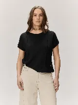 Remera negra de punto fino, con mangas cortas, cuello redondo y corte relajado. Cuenta con costuras verticales decorativas en el frente.