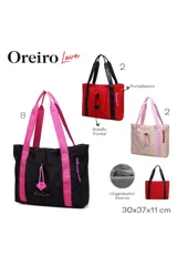 Cartera tipo tote bag color negro con asas de tela fucsia estampadas con el logo "Love Oreiro". Cuenta con cierre de cordón ajustable en la parte superior y un bolsillo frontal con cierre y tirador de labios fucsia.