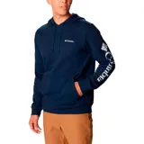 Buzo tipo canguro con capucha ajustable y bolsillo frontal, de color azul marino. Presenta el logo de la marca estampado en el pecho y en la manga izquierda.