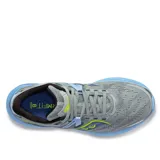 Championes Saucony Guide 16 de dama, color gris con detalles en celeste, amarillo y azul.