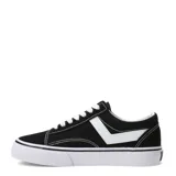 Championes urbanos Pony de corte bajo, confeccionados en una combinación de lona y gamuza en color negro. Presentan el diseño característico de la marca en los laterales en color blanco, cordones blancos y suela de goma vulcanizada blanca con una línea negra decorativa.