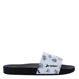 Sandalias de mujer Rider modelo Full 86, color negro con faja ancha blanca con estampado de flores grises y negras, y logo de la marca impreso.