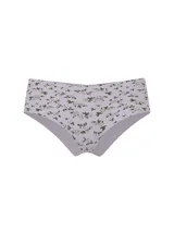 Bombacha tipo cheeky sin costuras, color lila con estampado de rosas rosadas y hojas verdes, de tiro bajo.
