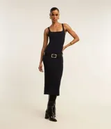 Vestido midi negro de punto roma, con escote cuadrado y corte ajustado.