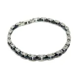 Pulsera de eslabones plateados de acero inoxidable y eslabones negros de cerámica.