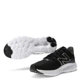 Championes New Balance 411 V3, color negro con detalles plateados y suela blanca, ideales para running. Confeccionados en malla y material sintético, con cierre de cordones y logo de la marca en el lateral.