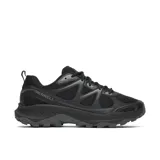 Championes de senderismo Merrell modelo Tempo Exp, color negro con detalles en gris oscuro. Presentan una construcción robusta con malla transpirable y refuerzos sintéticos, cuello acolchado, cierre de cordones y suela de goma con tacos para mayor tracción y absorción de impactos.