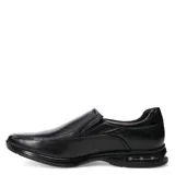 Zapato tipo mocasín de cuero negro, con diseño de costuras reforzadas en la puntera y suela con cámara de aire integrada en el talón.