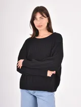 Buzo de tejido de punto con diseño de trenzas verticales, cuello redondo, mangas largas y puños acanalados.
