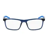 Armazón de anteojos Nike de diseño rectangular, con frente en color azul oscuro y patillas con detalles en azul brillante.