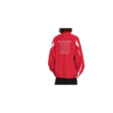 Campera deportiva Balenciaga roja con cierre frontal, cuello alto y detalles en blanco en las mangas. Presenta logotipos de la NBA y Balenciaga estampados en el pecho.