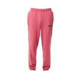 Pantalón de jogging rosado con puños elásticos y logo bordado en azul.