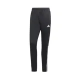Pantalón de jogging Adidas Sereno negro con corte ajustado, logo blanco estampado en el muslo izquierdo y tres tiras blancas verticales en la parte inferior de la pierna derecha.
