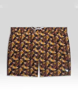 Short de baño con estampado floral en tonos marrones y amarillos, con cordón ajustable en la cintura, bolsillos laterales y trasero con cierre, y suspensor de malla fina hipoalergénico.