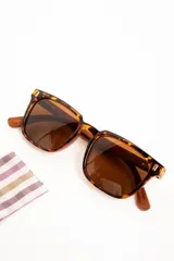Lentes de sol polarizados con armazón transparente y patillas de madera, con cristales oscuros.