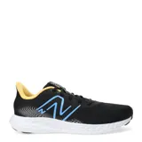 Championes de running New Balance modelo 411 V3, color negro con detalles en azul y amarillo. Presentan una estructura ligera de malla transpirable, suela con tecnología EVA Ground Contact para mayor amortiguación y almohadillas de goma para mejorar el agarre.