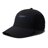 Gorro deportivo negro con logo Saucony reflectivo en azul.