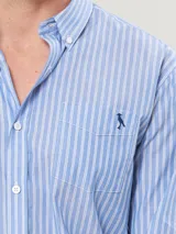 Camisa de vestir a rayas verticales azules y blancas, de corte regular fit y manga larga.