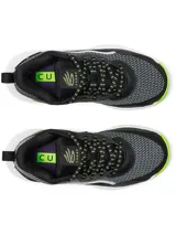 Championes de básquetbol Under Armour Curry 3Z7, con parte superior de cuero y malla en color negro y blanco. Presenta mediasuela blanca con tecnología Micro G y suela de goma en color verde neón con patrón de tracción anatómico.