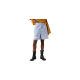 Short estilo bóxer de Eme Studios con diseño a rayas celestes y blancas, cintura elástica con cordón de ajuste, botones frontales y estampado con el nombre de la marca en la parte inferior.