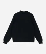 Buzo de punto negro con textura geométrica tipo colmena, cuello alto y mangas largas con puños ajustados.