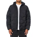 Campera puffer negra con capucha, confeccionada en poliéster con relleno reciclado. Presenta un diseño acolchado con costuras curvas, cierre frontal con cremallera y bolsillos delanteros.