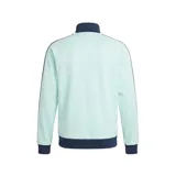 Campera deportiva adidas de la selección de Alemania, color verde agua con detalles en azul marino en cuello, puños y las icónicas tres tiras en las mangas. Presenta cierre frontal, logo del trébol de adidas en el pecho derecho y escudo de la federación alemana en el pecho izquierdo.