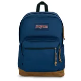 Mochila Jansport azul con base de gamuza marrón, logo bordado y bolsillo frontal con cierre.