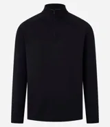 Remera deportiva térmica de manga larga color negro, con cuello alto y cremallera frontal. Presenta sisas raglán y recortes, sin estampado.