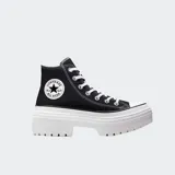 Championes Converse Chuck Taylor All Star de caña alta, color negro, con cordones blancos y suela de plataforma blanca con diseño dentado.